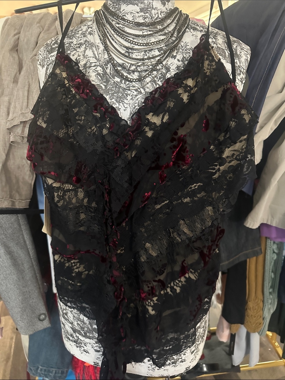 Women's Black Lace V-Neck Cami with Burgundy Velvet Accents NWT
